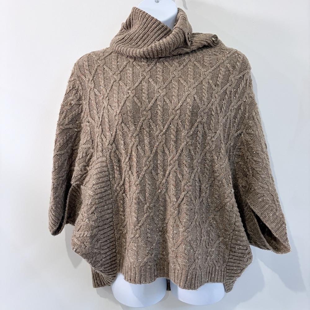 Anthropologie Corinne Cable Knit Poncho Sweater Top Taupe Tan Beige Sz S